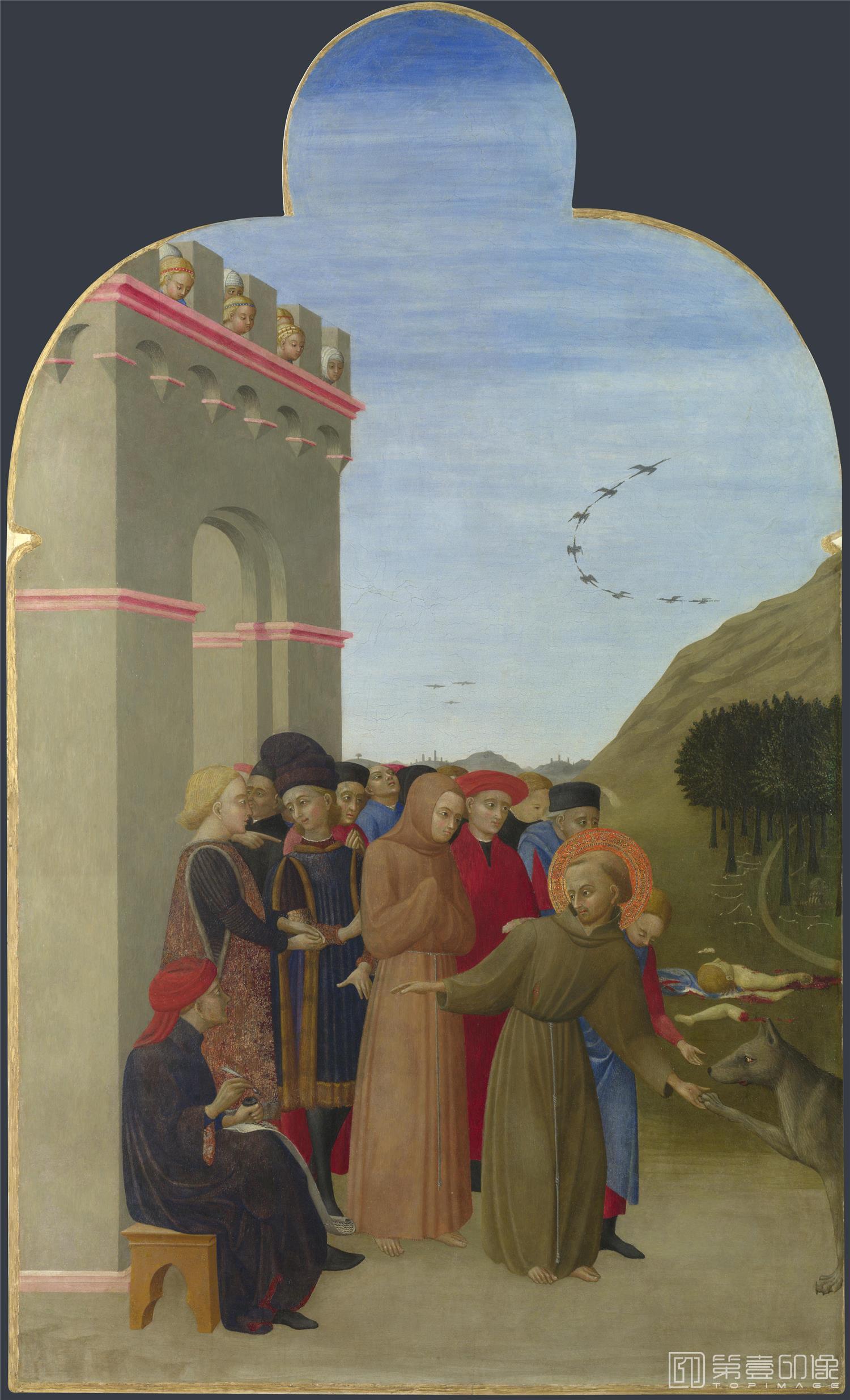 油画-大英博物馆藏画-Sassetta - The Wolf of Gubbio-2134